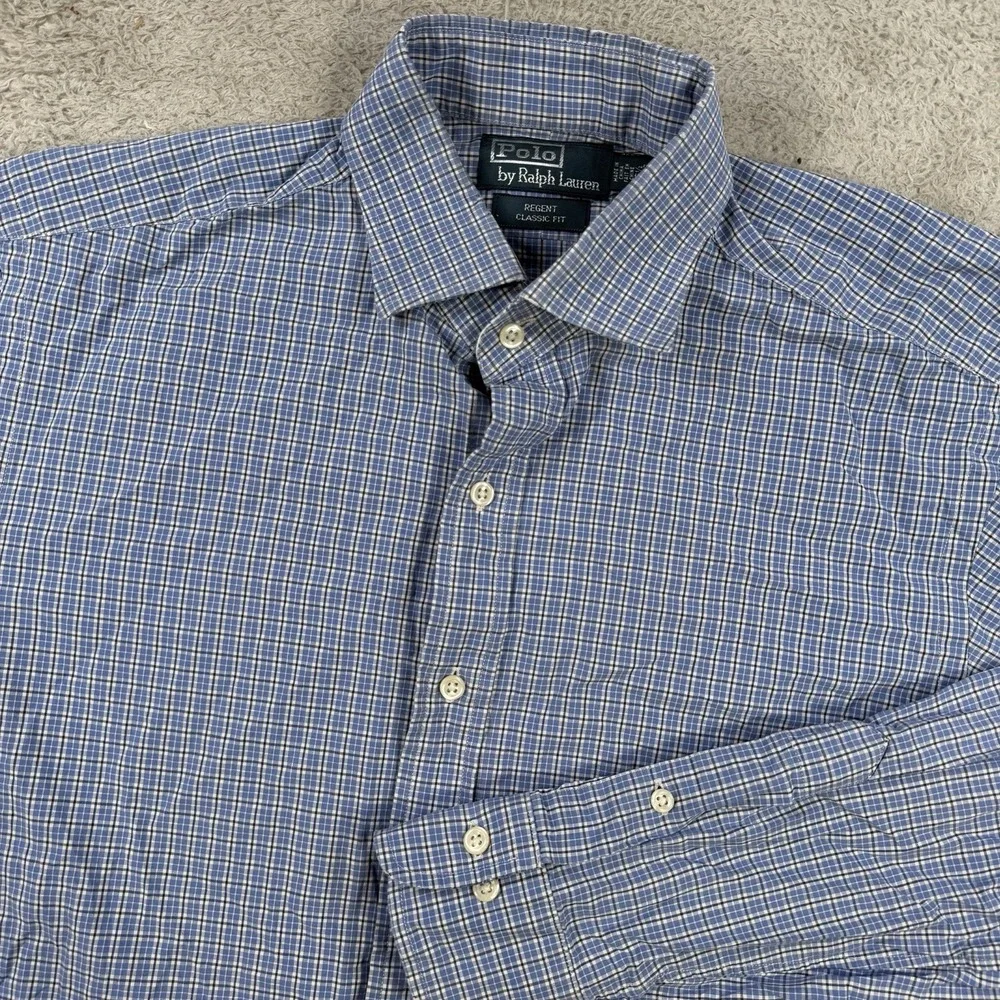 Polo Ralph Lauren Shirt Mens Large 16.5 Blue Check Regent Classic Fit 36/37